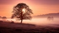 enchanting beauty of a misty morning in a rural landscape, where a tree is bathed in great lighting. Royalty Free Stock Photo