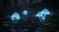 Glowing Digital Mushrooms with Binary Code in Dark Forest Royalty Free Stock Photo