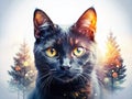 Enchanting Black Cat Double Exposure A Stunning Visual Fusion of Shadow and Light on a Pristine White Background Royalty Free Stock Photo