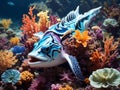 Enchanting blue fish. Blue fish living in a colorful and amazing sea environment
