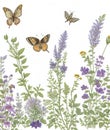 Enchanting Botanical Symphony: Seamless Herbs and Wild Flowers with Leaves and Butterflies.
