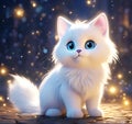 Enchanting Cartoon Character: White Cat with Silver Coat and Sparkling Blue Eyes