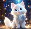 Enchanting Cartoon Character: White Cat with Silver Coat and Sparkling Blue Eyes
