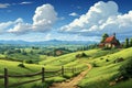 Enchanting cartoon painting, lush green fields, rolling hills, blue sky, fluffy clouds