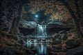 Enchanting Cascading Beauty: A Spectacular Waterfall in the Darkness of Night, ai generative