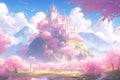 Enchanting Castle Surrounded By Blooming Pink Trees, A Fairytale Wonderland Royalty Free Stock Photo