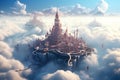An enchanting castle suspended in mid-air, surrounded by a sea of fluffy white clouds, A floating city above the clouds, AI