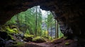 Enchanting Cave In A Forest A Vista Of Moss Covered Trees And Rainy Serenity