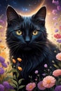 Enchanting Celestial and Intricate Details in a Cinematic Canvas of Black Cats and Flowers with Intricate Brush Strokes Royalty Free Stock Photo