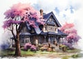Enchanting Chalet: A Fairytale Home with a Majestic Tree, Vibran Royalty Free Stock Photo