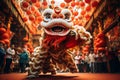 Enchanting Chinese New Year Celebration: Majestic Lion Dance Amidst Vibrant Temple Fair