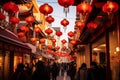 Enchanting Chinese New Year Street: Vibrant Lanterns, Traditional Outfits, and Blossoming Trees Royalty Free Stock Photo