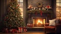 Enchanting Christmas Living Room Scene: Hyper-Realistic Decor, Cozy Fireplace, and Festive Presents Render. Royalty Free Stock Photo