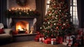 Enchanting Christmas Living Room Scene: Hyper-Realistic Decor, Cozy Fireplace, and Festive Presents Render. Royalty Free Stock Photo