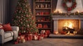 Enchanting Christmas Living Room Scene: Hyper-Realistic Decor, Cozy Fireplace, and Festive Presents Render.