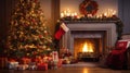 Enchanting Christmas Living Room Scene: Hyper-Realistic Decor, Cozy Fireplace, and Festive Presents Render. Royalty Free Stock Photo