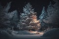 Enchanting Christmas Night with Glowing Lights and Snow-Covered Pine Tree in Winter Forest. Perfect for Greeting Cards a