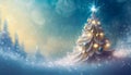 Enchanting christmas scene with a snowy pine tree adorned with gold and blue decorations and sparkling lights Royalty Free Stock Photo