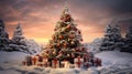Enchanting Christmas Tree with Snow, Decorations, and Gift Boxes - Festive Holiday Magic