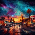 a colorful painting of a city street at night with palm trees , generated by AI Royalty Free Stock Photo