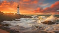 Enchanting Coastal Landscape with Lighthouse: Sunset, Waves, Seagulls Photography, generative AI