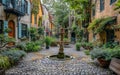 An enchanting cobblestone courtyard graced with a central fountain, surrounded by vibrant potted plants and historical Royalty Free Stock Photo