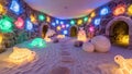 Enchanting colorful cave with illuminated sculptures and sandy pathway Royalty Free Stock Photo