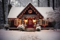 Enchanting and cozy christmas cottage with festive decorations and snowy surroundings