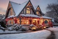 Enchanting and cozy christmas cottage with festive decorations and snowy surroundings