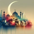 Enchanting Crescent Moon Over Islamic Cityscape, Ramadan Theme