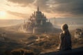 Palatial Wonder: 3D Cinematic Render of Woman in Majestic Landscapes