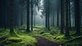 Enchanting Dark Green Forest With Fog And Rainy Weather Royalty Free Stock Photo