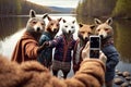 Group of foxes taking a selfie with a smartphone in the forest