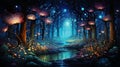 An enchanting desktop wallpaper featuring a magical forest with illuminated fireflies