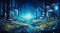 An enchanting desktop wallpaper featuring a magical forest with illuminated fireflies