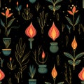 Enchanting Diwali Plants: Whimsical Floral Pattern On Black Background