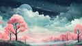 Enchanting Dreams: A Pastel Paradise of Pink Trees, Moonlit Fiel