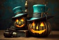 Enchanting Duo: Whimsical Halloween Pumpkins with Turquoise Hats on Magical Spell Books Cast Their Charm AI generated