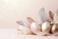 Enchanting Easter background with eggs, feathers, glitter and copy space for text. Soft, pastel colors. Tranquil and