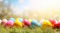 Enchanting easter banner featuring vibrant eggs in grass, sun rays, defocused background