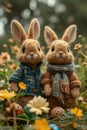 Enchanting Easter Bunnies in Vintage Attire Among Spring Flowers