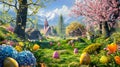 An enchanting Easter egg garden, with colorful eggs hidden among blooming flowers