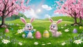Enchanting Easter egg hunt unfolding in a picturesque spring landscape