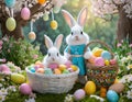 Enchanting Easter Scene: Bunnies, Eggs, and Gardens in the Farmer\'s Courtyard with a Church in the Background