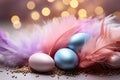 Enchanting Easter scene Eggs, feathers, glitter on a soft background