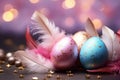 Enchanting Easter scene Eggs, feathers, glitter on a soft background