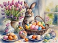 Enchanting Easter Tableau with Bunnies and Spring Flowers Royalty Free Stock Photo