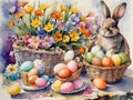 Enchanting Easter Tableau with Bunnies and Spring Flowers Royalty Free Stock Photo