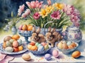 Enchanting Easter Tableau with Bunnies and Spring Flowers Royalty Free Stock Photo