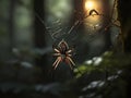 Silken symphony: A spider\'s nocturnal tapestry in the dim forest dusk